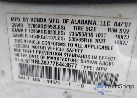 2007 Honda Odyssey Ex-L from USA, damaged, VIN 5FNRL38777B443677